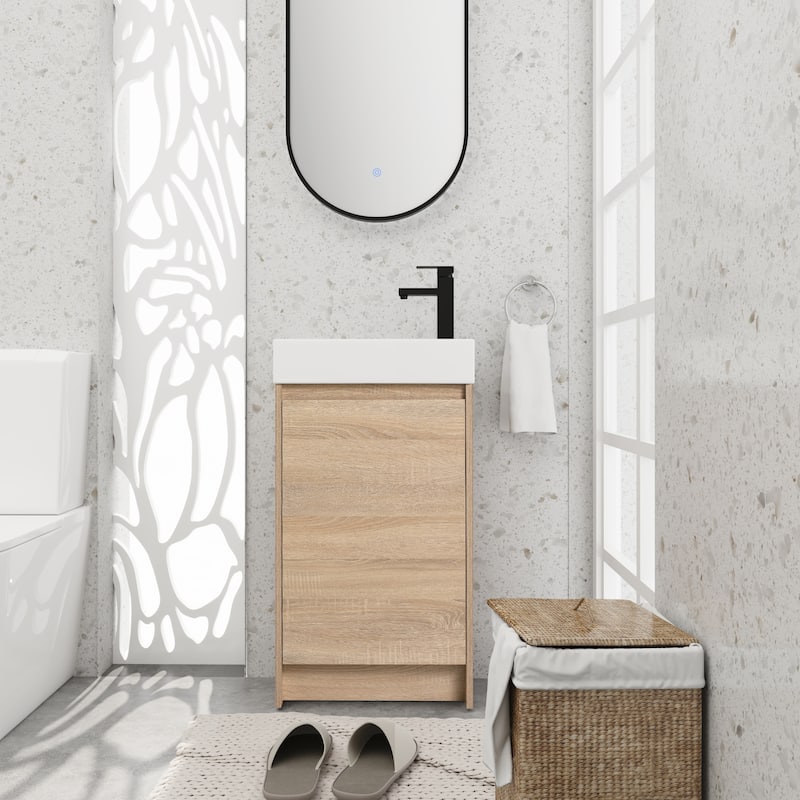 BNK 16/18 inch Freestanding Bathroom Vanity with Single Sink and Soft Close Door - 18.1"W x 10"D x 33.5"H  - Light Oak
