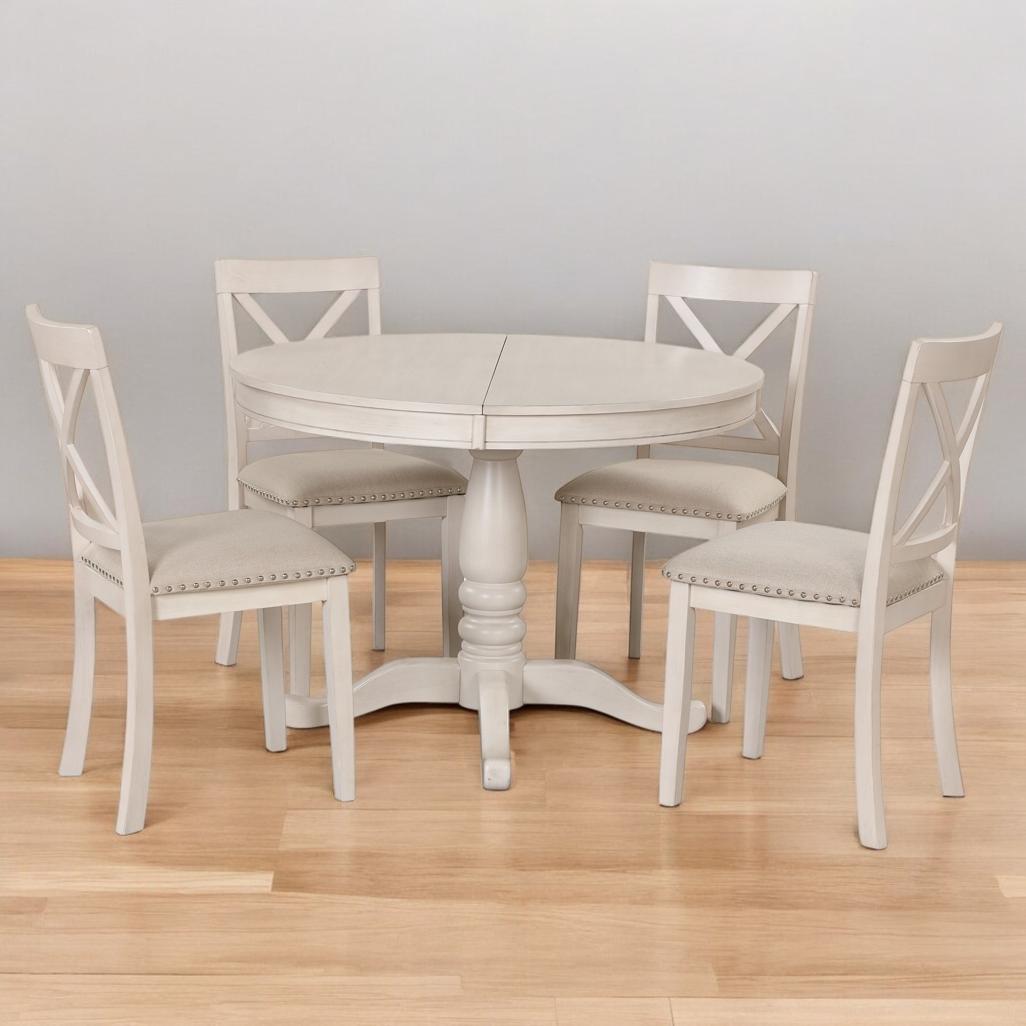 5-Piece Modern Dining Table Set, Round Table and 4 Solid Wood Chairs for Kitchen and Dining Room, Space-Saving Set