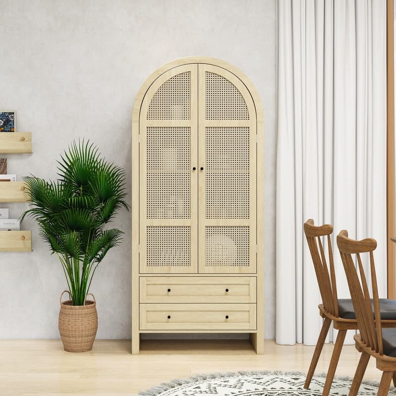 Tall Wooden Rattan Arched Kitchen Pantry Cabinet, with Doors and Adjustable Shelves,Freestanding Cupboard - Natural 2 Doors 2 Drawers