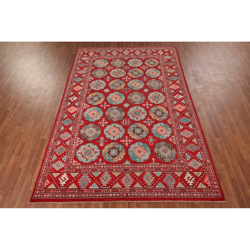 All-Over Red Geometric Kazak Area Rug Handmade Wool Carpet - 6'5" x 9'9"