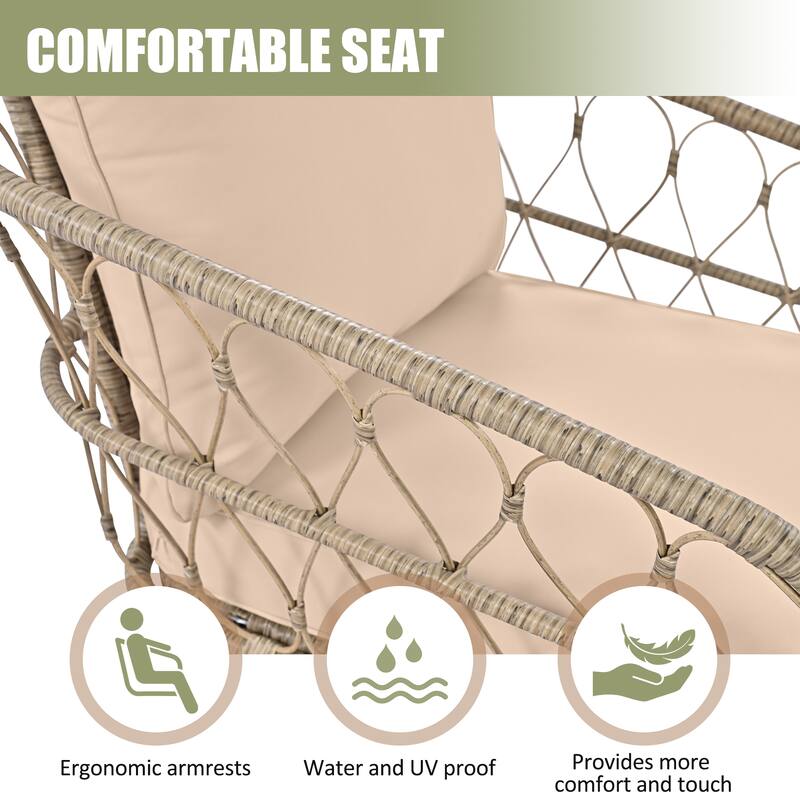 4-Piece Boho Wicker Patio Conversation Set with Acacia Wood Table, Removable Cushions-4-Person Outdoor Seating Group sofa set