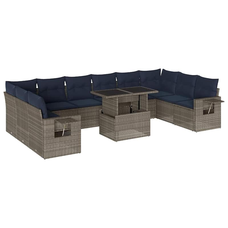 vidaXL 11 Piece Patio Sofa Set with Cushions Black/Gray Poly Rattan - 24.4 x 24.4 x 27.2