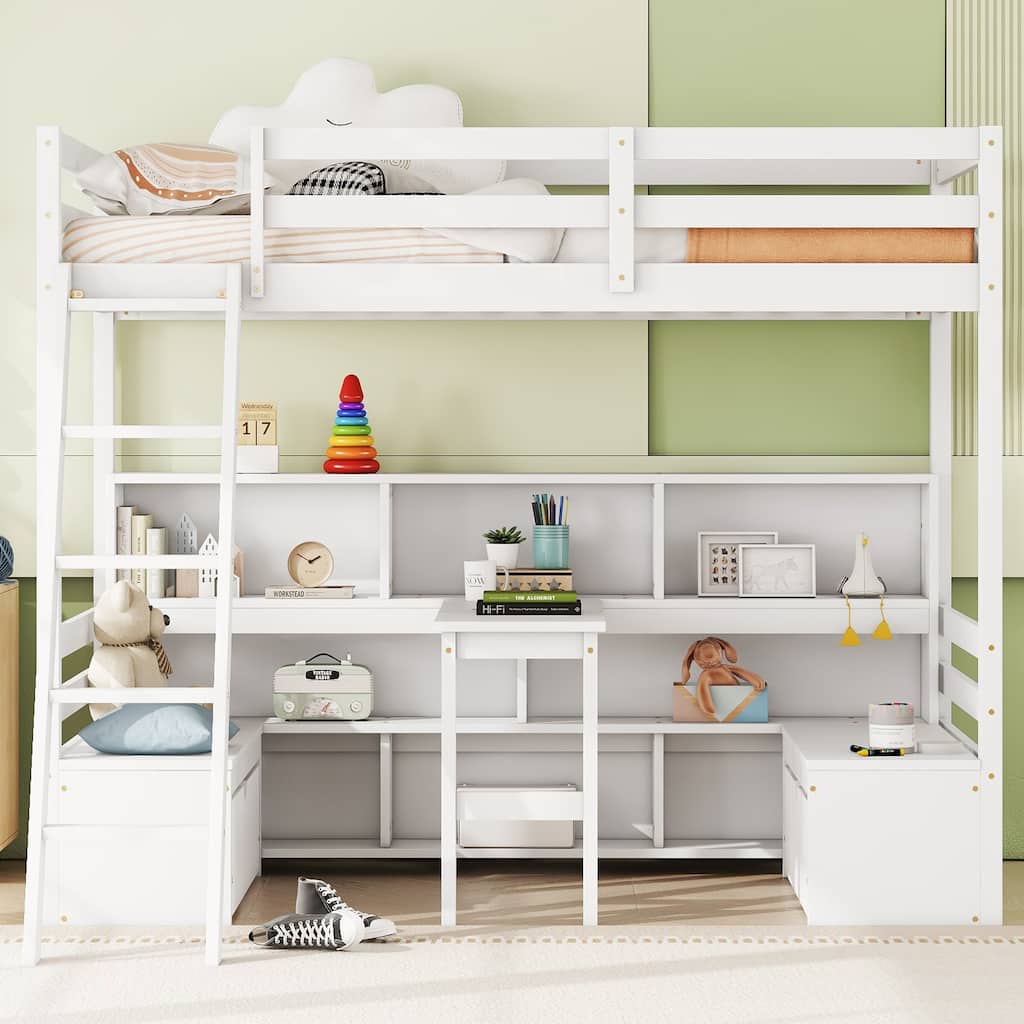 Multifunctional White Loft Bed with Storage, Desk, and Shelves