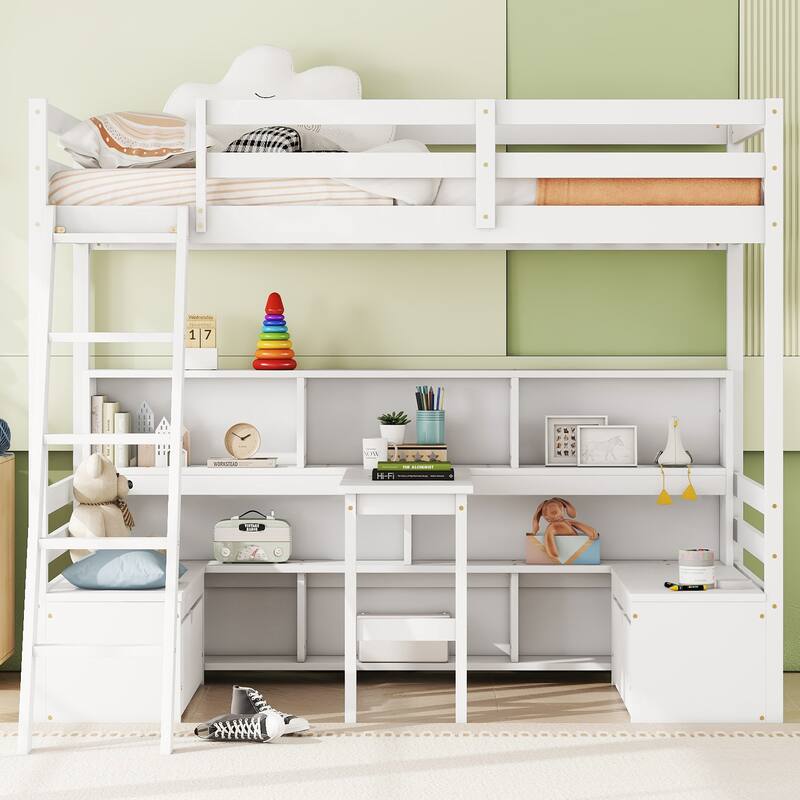 Twin Loft Bed With Storage Shelves, Drawers, Seat And Desk - White