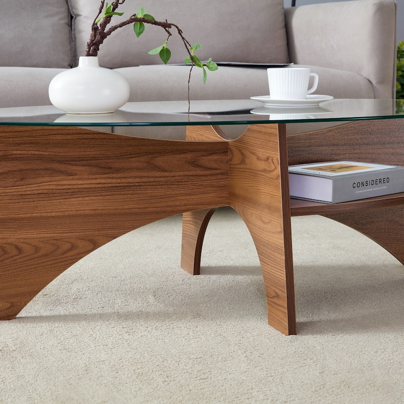 GDFStudio Elowen Tempered Glass Coffee Table with Wood Legs and Multi-Functional Design