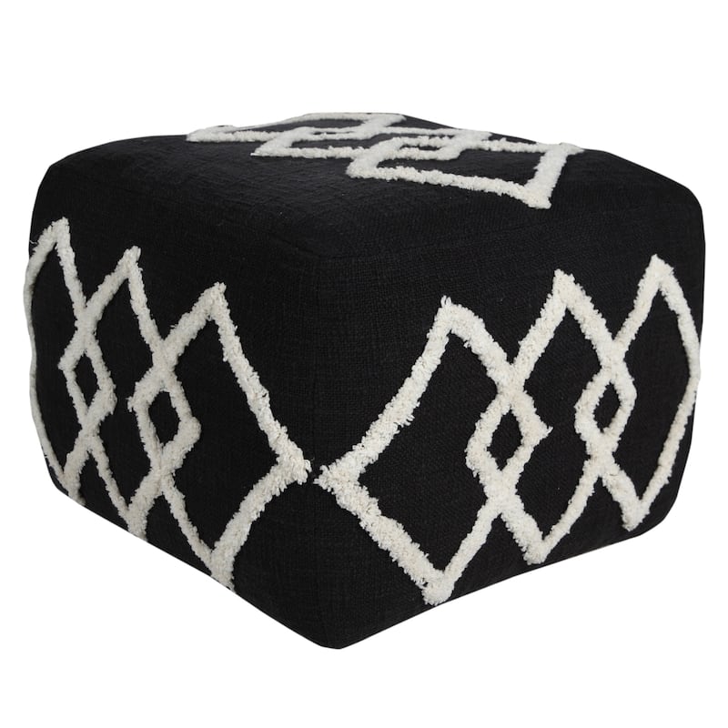18" Black Cotton Geometric Pouf Ottoman for Living Room or Bedroom Decor