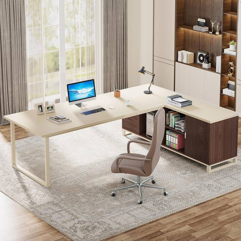 70.8" L-Shaped Executive Desk with 55" File Cabinet, Large Computer Desk with Storage Shelves/Cabinet for Home Office