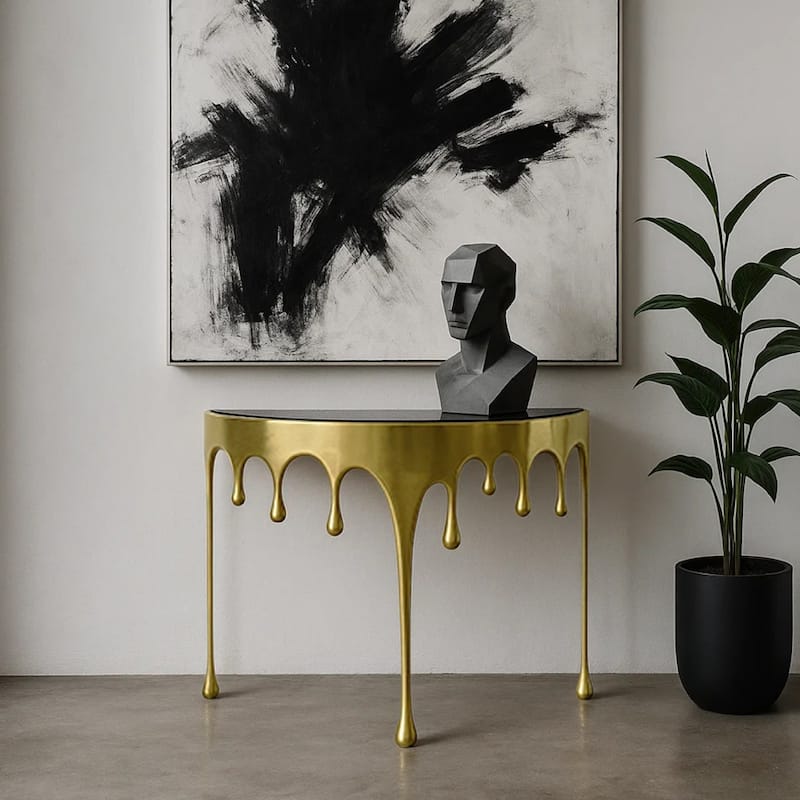 Capri Sofa Console Table, 36.25" Half Moon Glass Top Melting Drip Design Aluminum Cast Antique Gold
