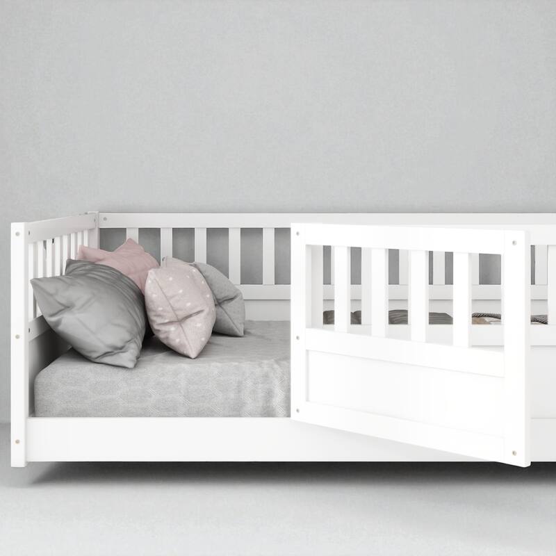 Montessori Twin/Full Size Wooden Floor Bed with Safety Fence and Door, Low Platform Bed Frame for Kids Toddlers