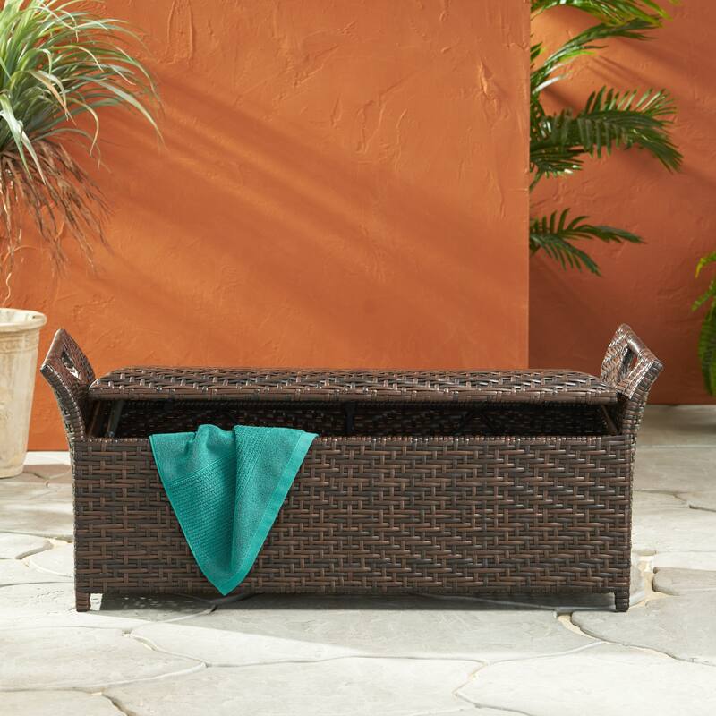 Roomfitters Outdoor Storage Bench, All-Weather Rattan Patio Deck Box with Lid for Garden or Porch, Brown