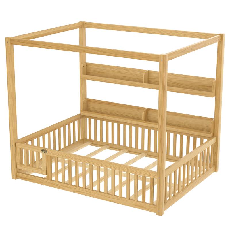Montessori-Inspired Design Canopy Bed Kids Solid Wood Floor Bed Frame with Built-in Storage Shelves and Child-Safe Guardrails