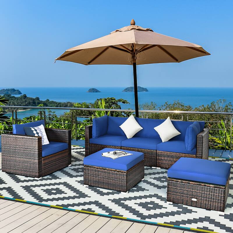 Costway 6PCS Patio Rattan Furniture Set Sofa Coffee Table Ottoman Navy - See Description