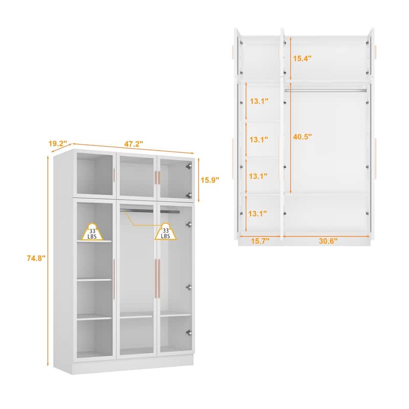 47.2" Wide Armoire LED Light All Glass Door Closet Cabinet Wardrobe