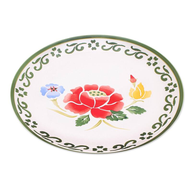 Novica Handmade Poppy Garden In Green Ceramic Dinner Plate