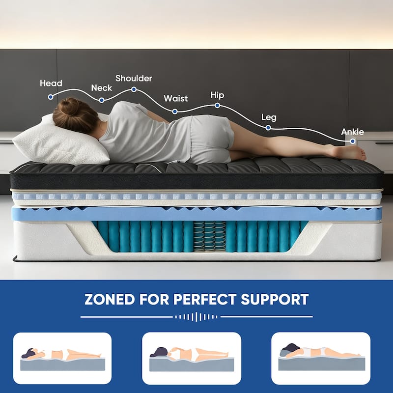Pocassy 12" Hybrid Mattress Gel Memory Foam & Zone Pocket Coil Support