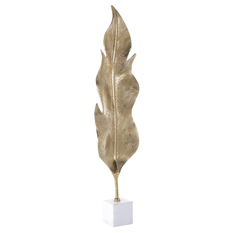 Aluminum Metal Leaf Tall Textured Decorative Sculpture with White Marble Base - Gold - Roche River Decor