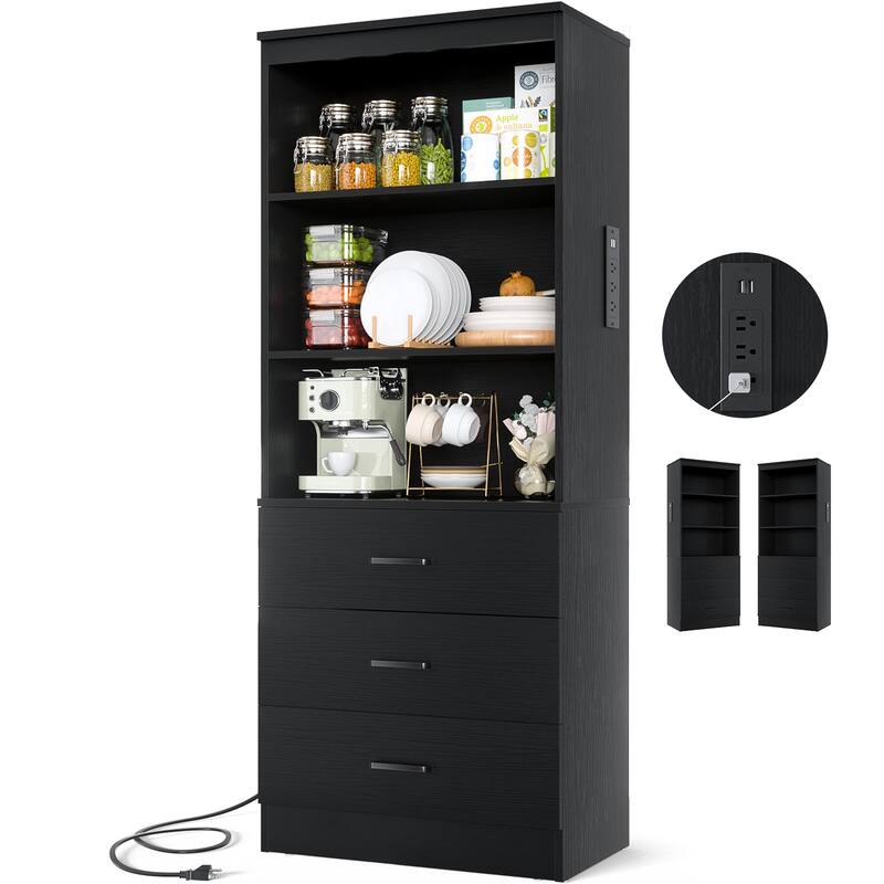 Tall Buffet Sideboard with Charging Station, Storage Pantry Organizer with Drawers and Shelves