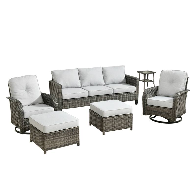 HOOOWOOO 6-piece Grey Wicker Outdoor Swivel Rocking Chair Set for Patio