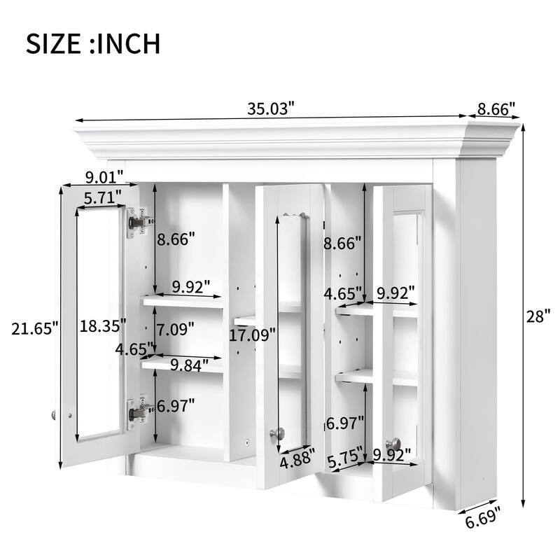 Wall Mounted 35" Bathroom Storage Cabinet with Mirror, 3 Doors, 5 Adjustable Shelves for Bathroom Essentials