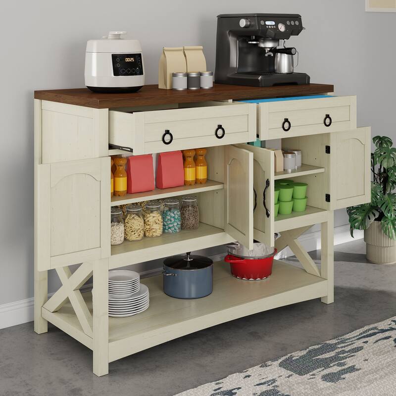 Moasis 47.2 Inch Farmhouse Buffet Cabinet with Storage Drawers and Four Doors for Kitchen or Dining Room Organization
