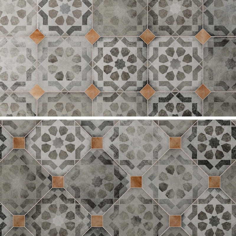 Merola Tile Laverton Octagon Deco Sombra with Taco Natural 7-7/8" x 7-7/8" Porcelain Floor and Wall Tile