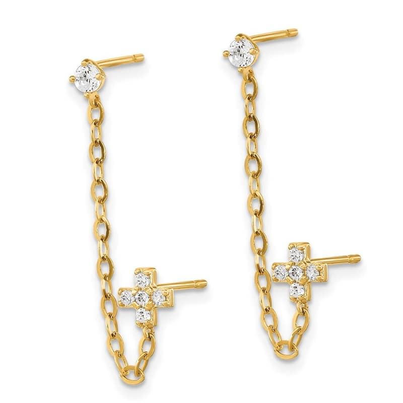 Curata 14k Yellow Gold 33x5mm CZ Cubic Zirconia Cross with Cartilage Chain Earrings