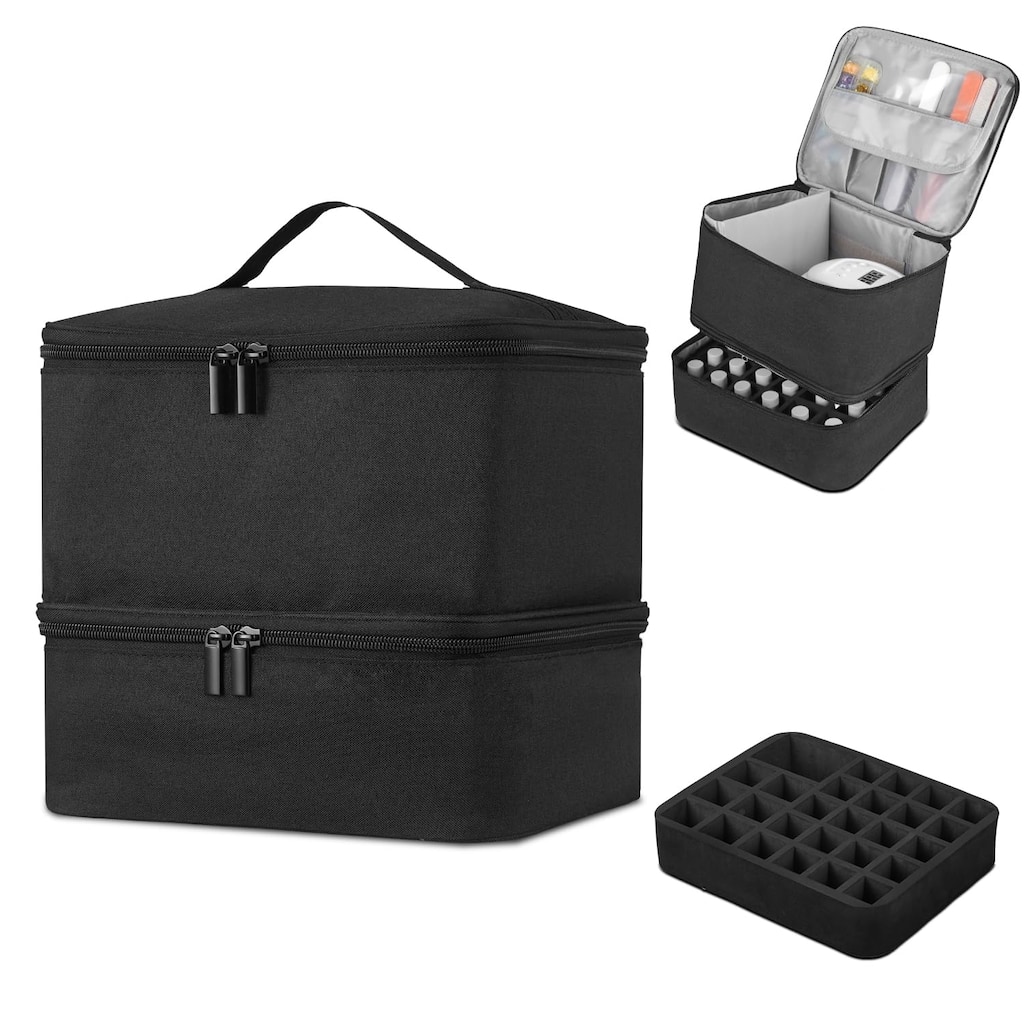 Double-Layer Nail Polish Organizer Bag, Holds 27 Bottles, Nail Tools & Dryer Storage Case with Adjustable Dividers