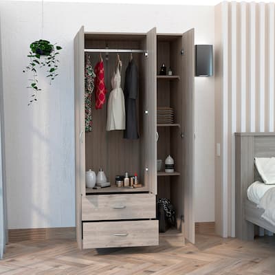 Bedroom 3-Door Armoire with Drawers & Shelves and Hanging Rod, Gray
