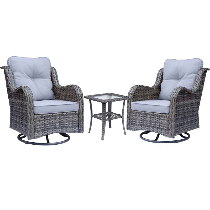 3 Piece High Back Outdoor Wicker Patio Conversation Swivel Chairs Set