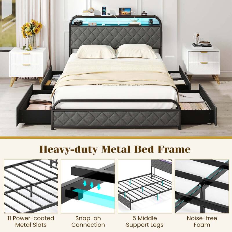 Costway Twin/Full/Queen Size Bed Frame with LED Lights & Charging