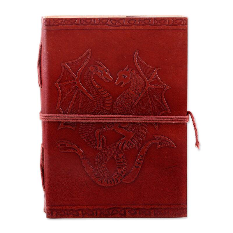 Novica Handmade Twin Dragons Embossed Leather Journal