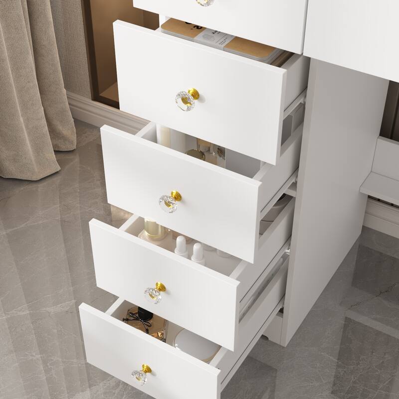 LED Lighted Makeup Vanity w/10 Drawer Modern Dressing Table for Bedroom Glass Top Vanity Table