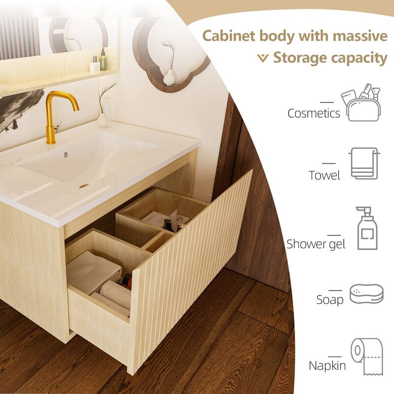 GDFStudio - Ari Modern Aesthetic Freestanding Bathroom Vanity with Ceramic Sink, Soft Close Drawers & Large Storage Spaces