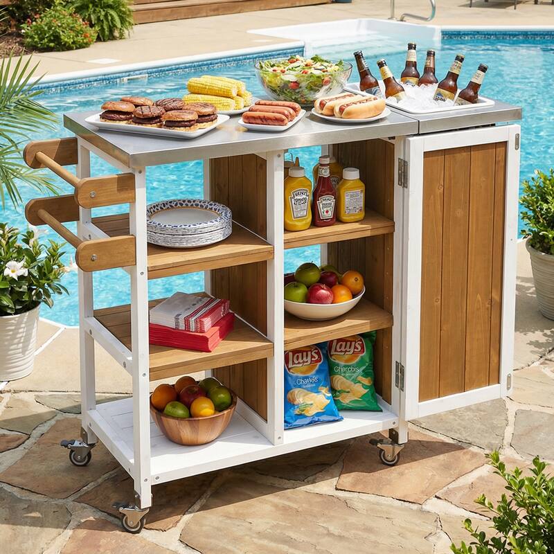 Foldable Outdoor Kitchen Island Cart with Lockable Wheels and Storage Cabinet
