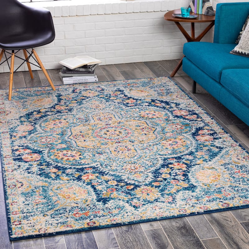 Livabliss Hal Vintage Boho Traditional Pink Medallion Area Rug - Navy - 5'3" x 7'6"