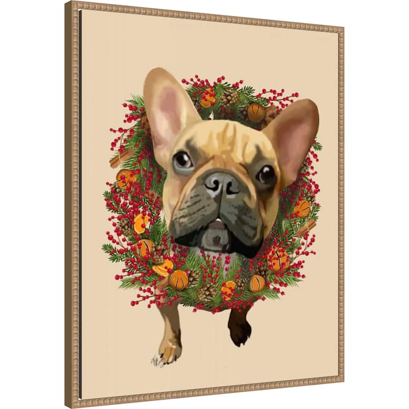 French Bulldog Cranberry Wreath by Fab Funky (23 x 28 in.), Framed Canvas Wall Art Print - Sylvie Beaded Rustic Natural
