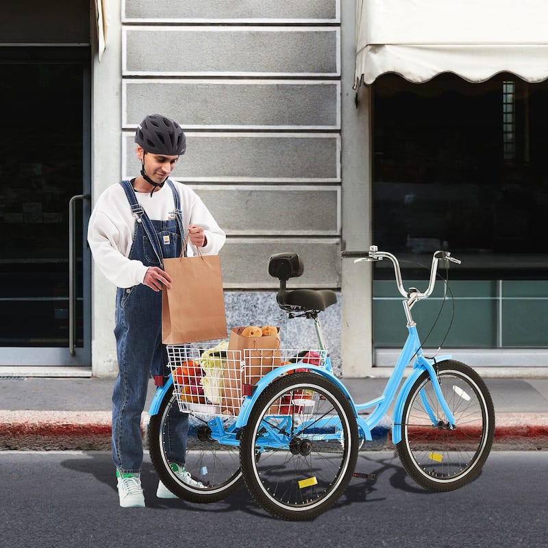 Blue Carbon Steel Adult Tricycle with Large Basket and Adjustable Height - 68.5” L x 29.9” W x 44.9” H