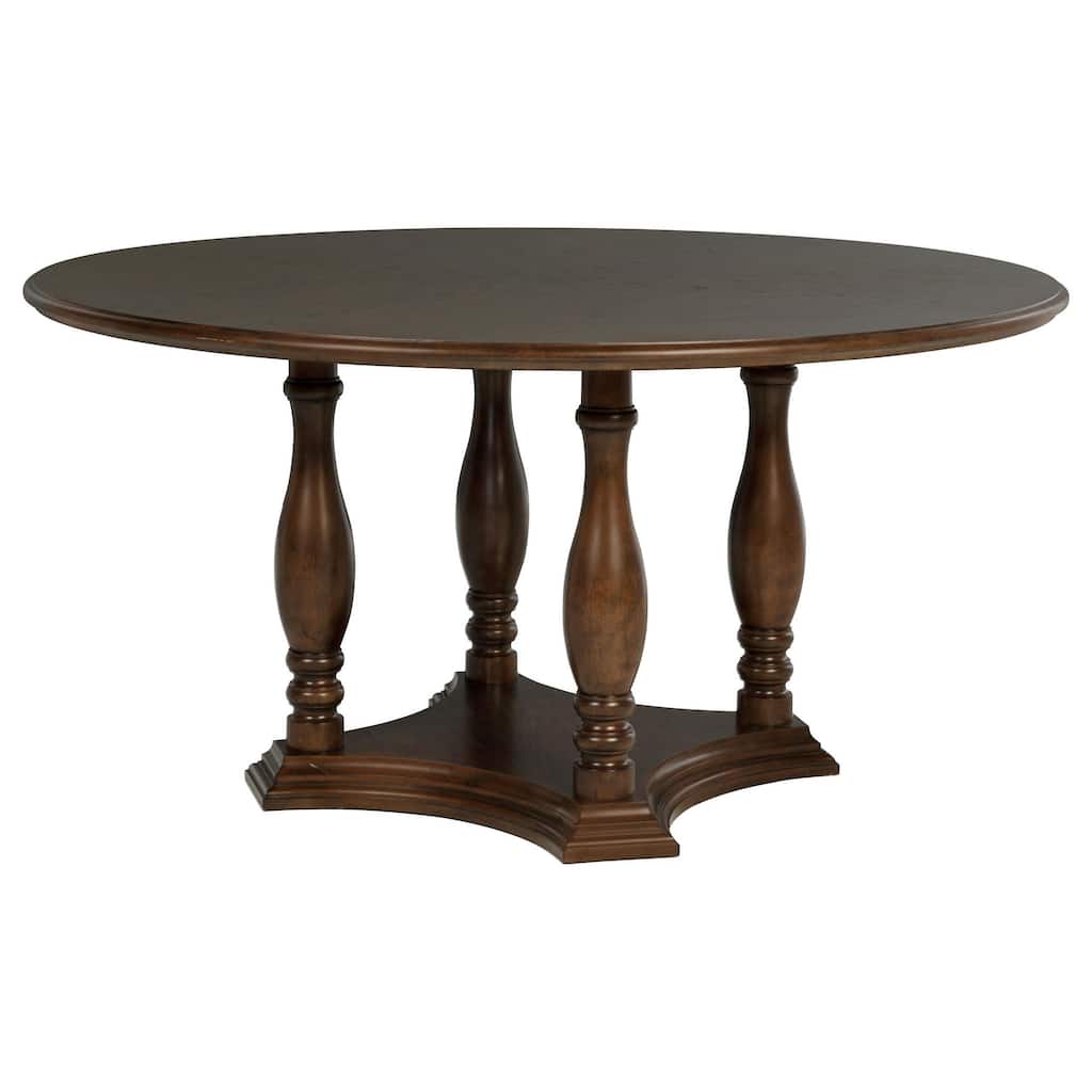 Monta Round Dining Table, Turned Legs and Shelf, Brown Wood 60 Inch