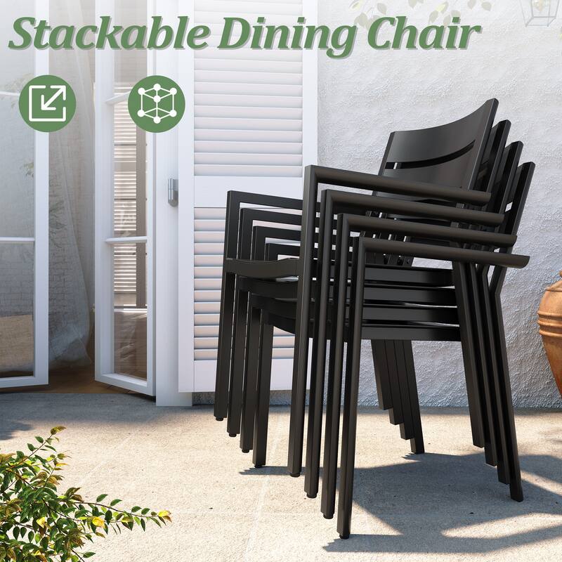 Patio Outdoor Aluminum Dining Set with Umbrella Hole with Stackable Armchairs