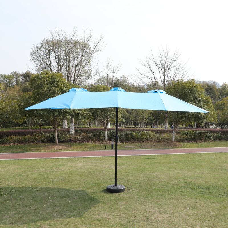 15x9 ft Large Double-Sided Rectangular Outdoor Twin Patio Market Umbrella with light and base- blue