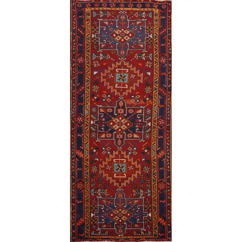 Hand Knotted Oriental 100% Wool Carpet Traditional Geometric Red Heriz Runner Rug - 9' 11'' X 3' 3''