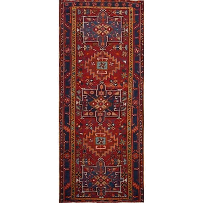 Hand Knotted Oriental 100% Wool Carpet Traditional Geometric Red Heriz Runner Rug - 9' 11'' X 3' 3''