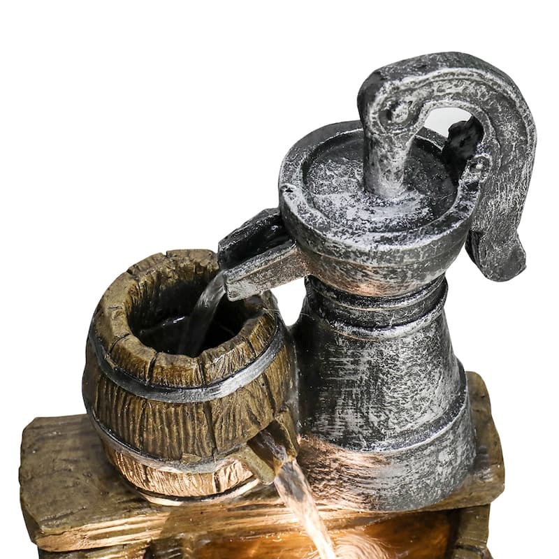 Outdoor Floor Rustic 5-Tiered Barrel and Pump Water Fountain for Home