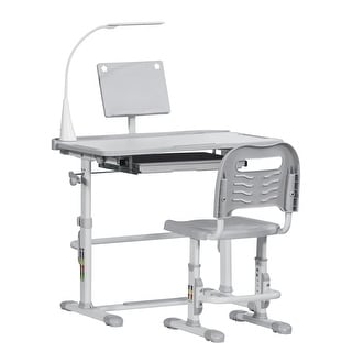 Kids Desk and Chair Set, Height Adjustable School Study Table and Chair, Student Writing Desk with Tilt Desktop - Grey