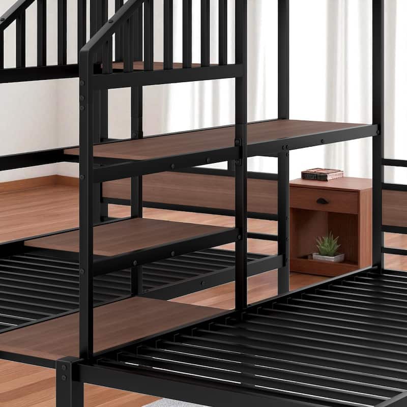 Twin/Queen over Twin over Twin Metal Triple Bunk Bed with Storage Shelves & Built-in Stairs, Black Heavy Duty Frame