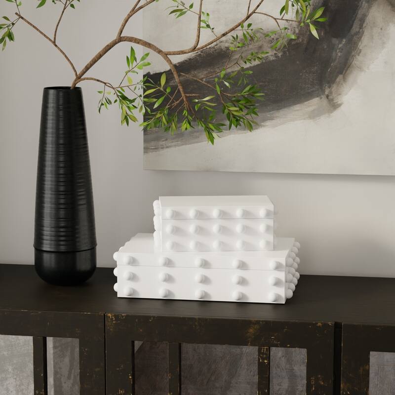 Harp & Finial Batu Box- Set Of 2 - White Finished Glass Box With Ceramic Knob Detail