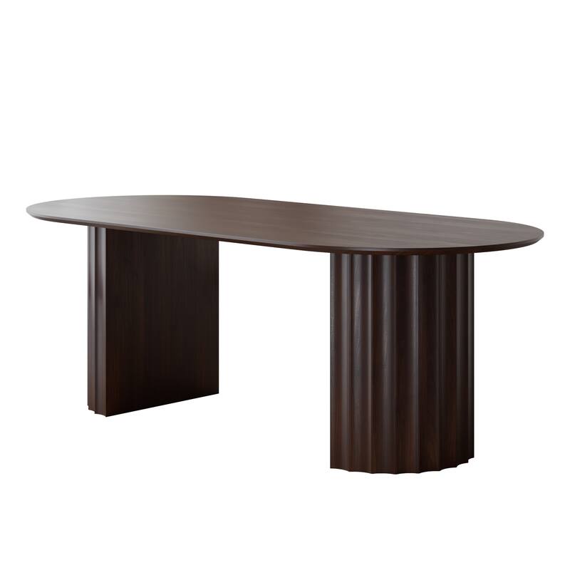 Modern Oval Wooden Dining Table - 79" Large Size, Sturdy Fluted Base, Natural Oak Finish for Dining Room