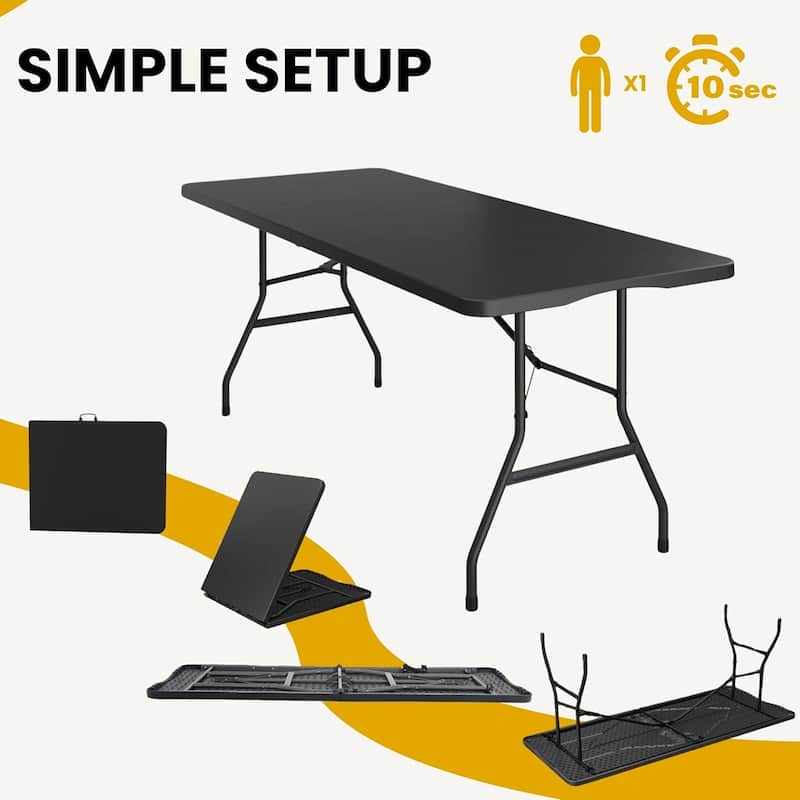 Utility Table 6 Feet 72" x 29.5" Half Folding Lightweight Portable Carrying Handle, Indoor Outdoor Camping,One,Black