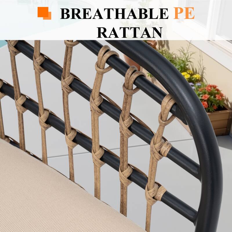 7-Piece Outdoor Patio Dining Set Wood-Like Table Top Alumium Umbrella Hole Table with PE Rattan Chairs