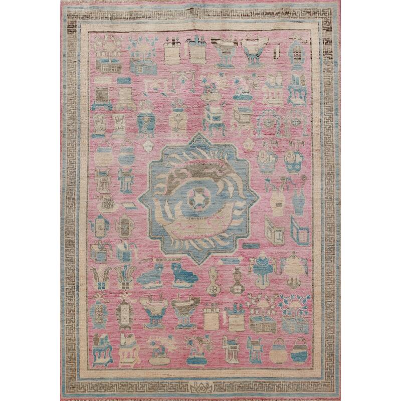 Hand Knotted Oriental 100% Wool Carpet Transitional Geometric Pink Oushak Area Rug - 7' 0'' X 5' 4''
